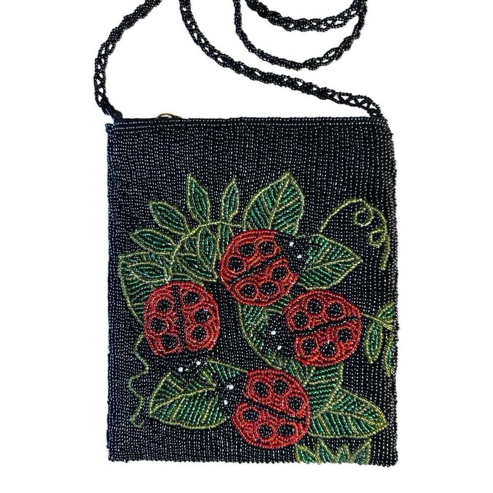 Ermo Collection Black Beaded Crossbody Bag Ladybug Red Green NWT 6x7"